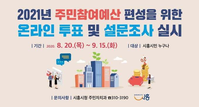 시흥시 2021년 주민참여예산 편성 위한 온라안 투표 및 설문조사 알리는 포스터