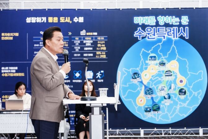 이재준 시장이 지난해 11월 열린 수원시 창업생태계활성화포럼에서 발언하고 있다.