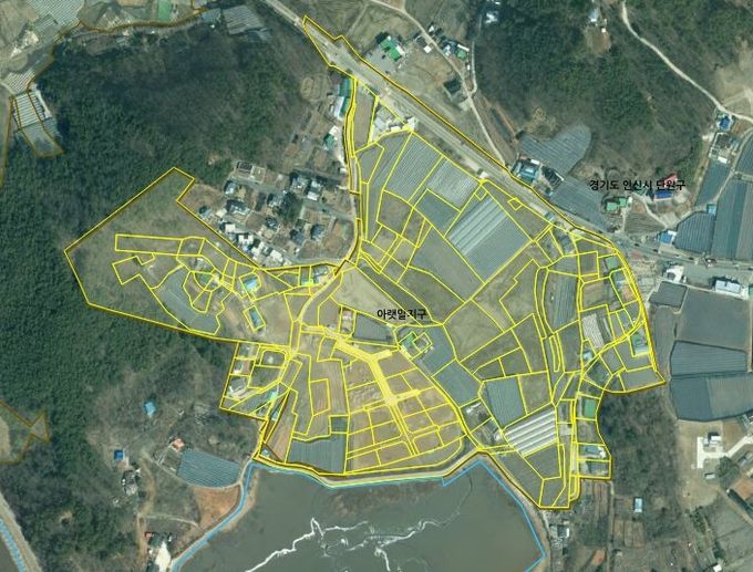 이번에 지적재조사사업이 완료된 대부도 아랫말지구 주제도.